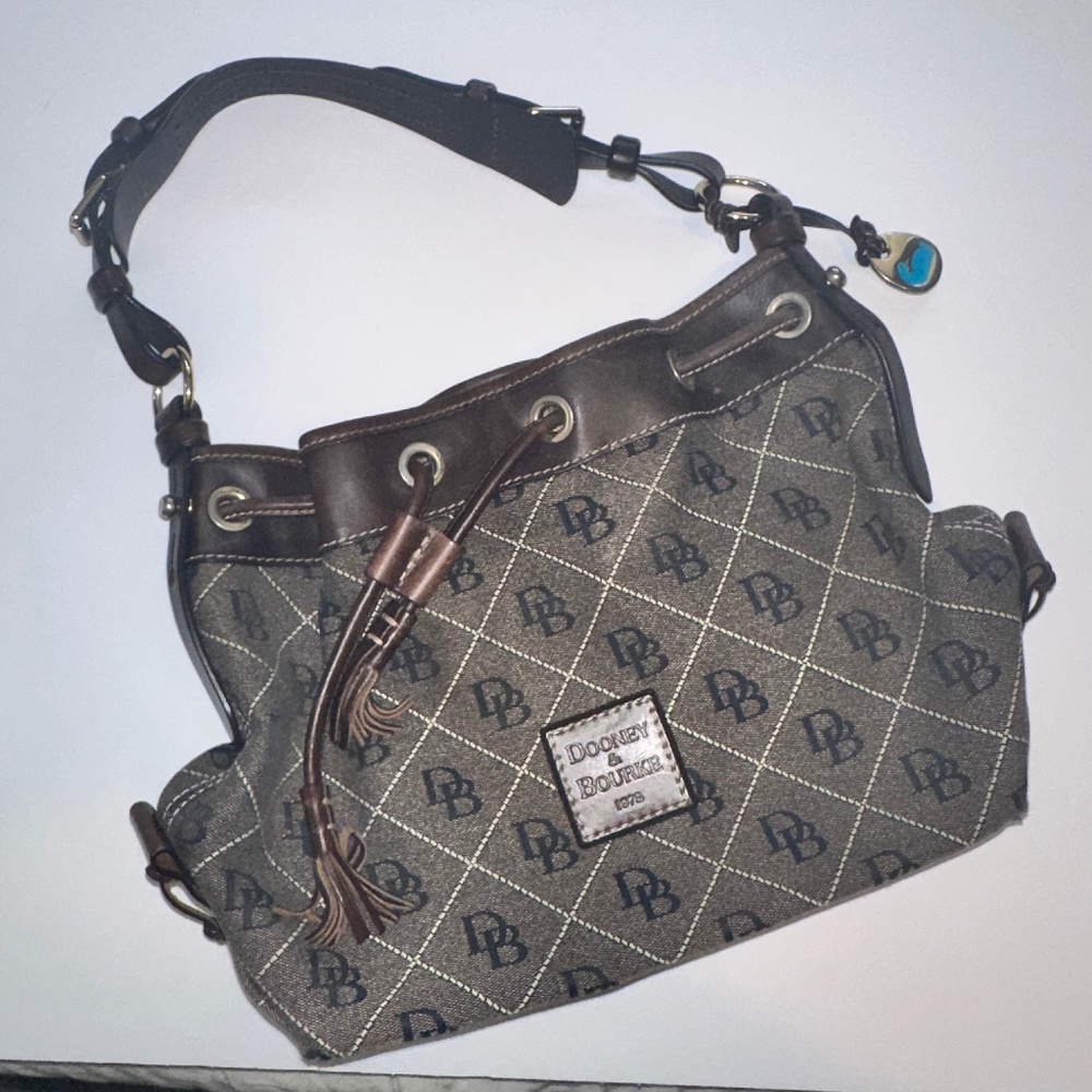 Vintage Dooney and Bourke Brown Monogram Print Bucket Drawstring Bag Satchel